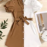 Trendy Color Spliced Button-Up Shirt Dress for Girls, Summer Going Out Casual Dresses 11-12 Years