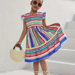Sweet Girls Boho Style Stripped Flutter Trim Sleeveless Dress For Summer  8 Years