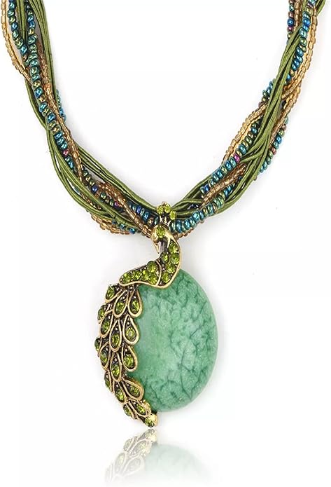 Exquisite Bohemian Chic Peacock Gemstone Pendant Necklace - Retro Leaf Design - Image 3