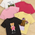 5pcs, Animals And Portraits Pattern Short Sleeve Crew Neck T-shirts For Girls,  7-8 Years