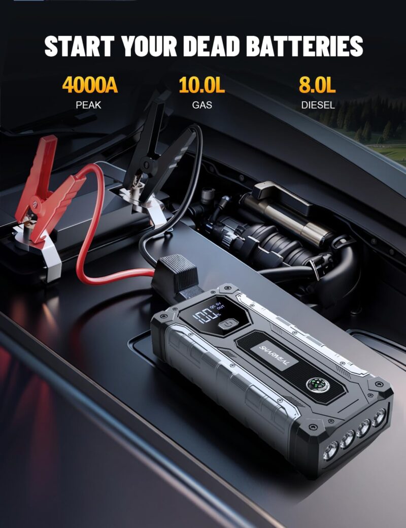 Car Jump Starter 4000A, Jump Starter Battery Pack for Up to 10.0L Gas and 8.0L Diesel Engines, 12V Portable Jump Box with LED Light - Image 4