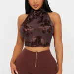 Serena Embroidered Mesh Halter Top - Brown (Small)