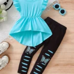 2pcs, Solid Color Frill Sleeve Crew Neck Slim T-shirt + Butterfly Graphic Pants Set For Girls 7-8 Years