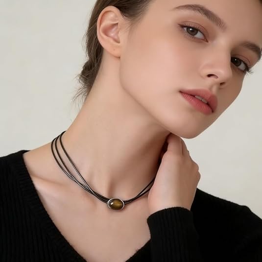 2 Pcs Layered Leather Tiger Eye Necklace for Women- Women's Jewelry Pendant Necklace Fashion and Accessories - Image 3