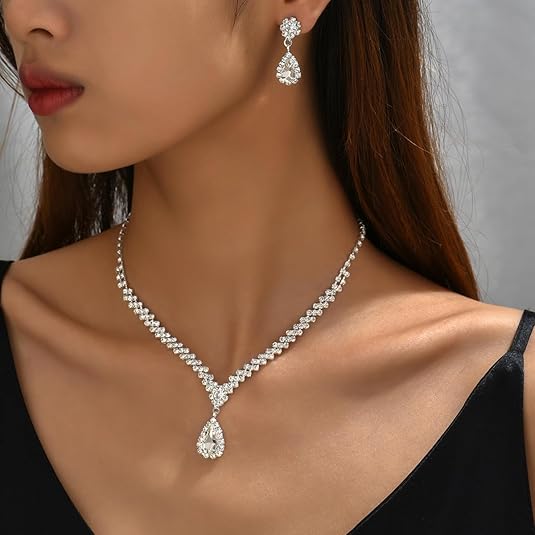 Silver Bridal Necklace Earrings Set, Crystal Wedding Jewelry Set Jewellery Gift Silver, One Size