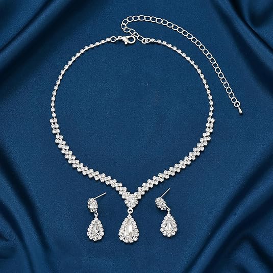 Silver Bridal Necklace Earrings Set, Crystal Wedding Jewelry Set Jewellery Gift Silver, One Size - Image 4