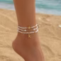 3pcs Women's Anklet Set, Bohemian Style Multi-Layer Anklets with Round Beads, Summer Beach Anklets with Golden Faux Seashells and Faux Starfish